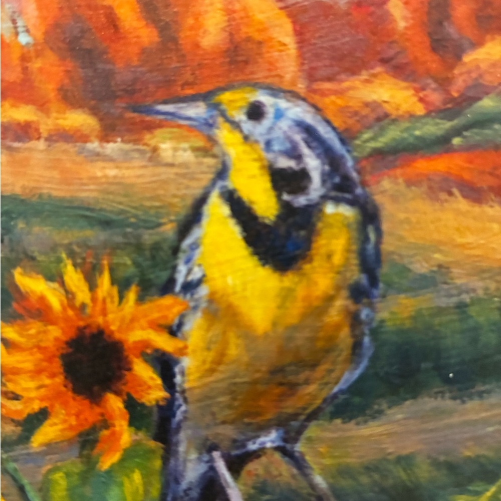 Bird Meadowlark Art Painting on Slate Yellow & Blue Bird in a Sea of Flowers